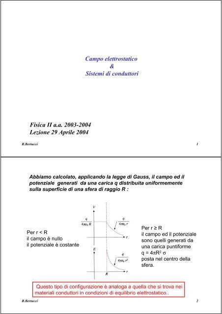 Campo elettrostatico & Sistemi di conduttori Fisica II a.a. 2003-2004 ...