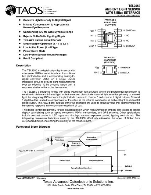 TSL2550 AMBIENT LIGHT SENSOR WITH SMBus INTERFACE ...