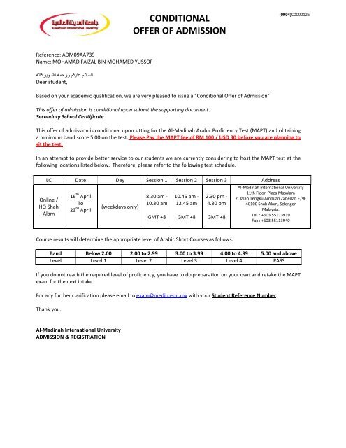 conditional offer of admission - Al-Madinah International University