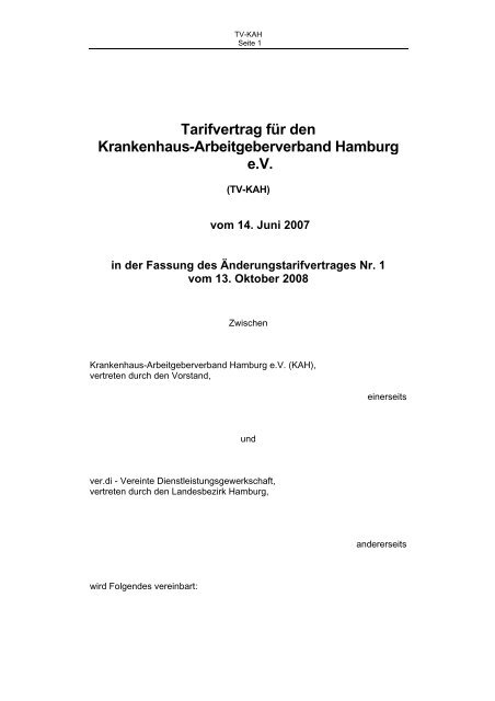 Tarifvertrag fÃ¼r den Krankenhaus-Arbeitgeberverband Hamburg eV