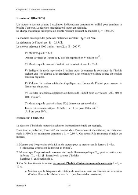 Exercice nÂ° 1(Bacf3976) Un moteur Ã courant continu Ã excitation