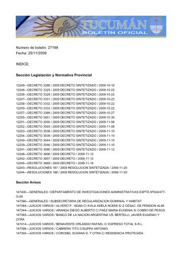 Numero de boletin: 27168 Fecha: 25/11/2009 INDICE: SecciÃ³n ...