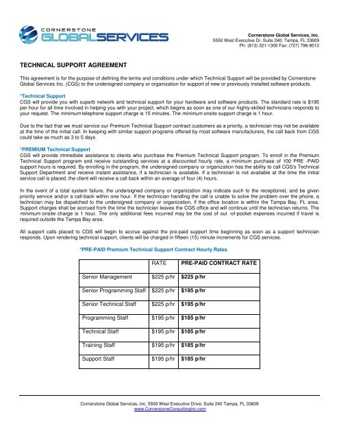 TECHNICAL SUPPORT AGREEMENT - Cornerstone Consulting