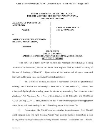 Proposed Order Granting ASHA's Motion to Dismiss - Academy of ...