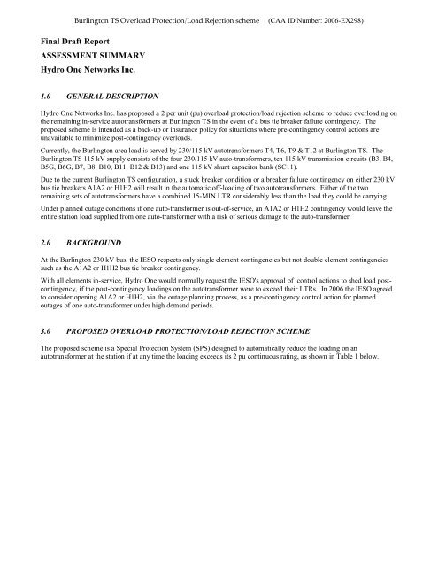 Final Draft Report ASSESSMENT SUMMARY Hydro One Networks ...