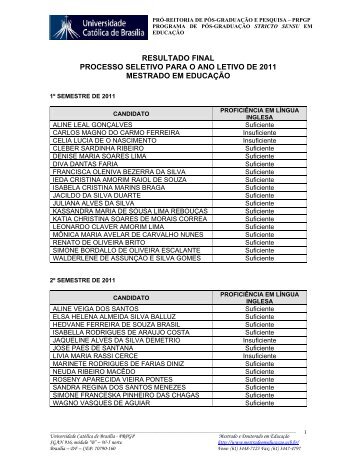 resultado final processo seletivo para o ano letivo de 2011 mestrado ...