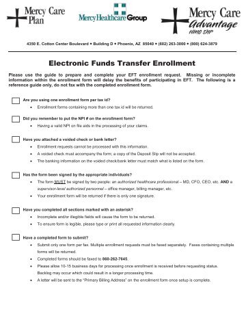 Electronic Funds Transfer Enrollment (EFT) Form - Mercy Care Plan