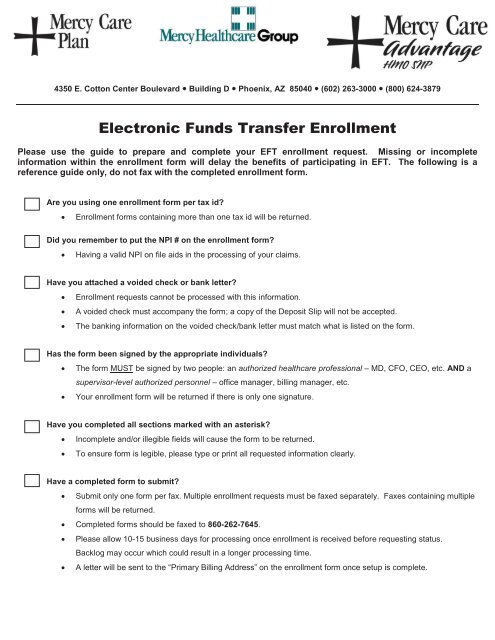 Electronic Funds Transfer Enrollment Eft Form Mercy Care Plan
