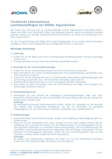 Technische Informationen Leichtmetallfelgen der RONAL - Ronal.de