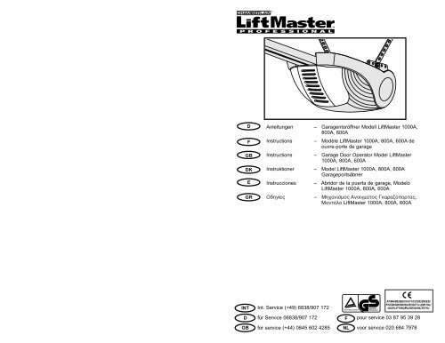 GaragentorÃ¶ffner Modell LiftMaster 1000A, 800A, 600A Instructions