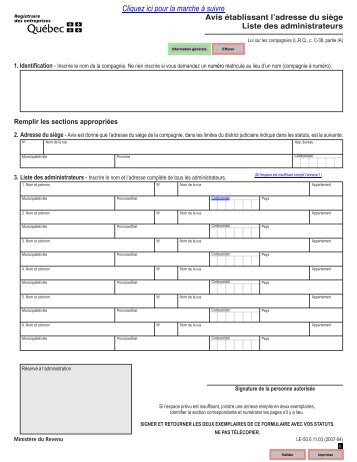 Avis Ã©tablissant l'adresse du siÃ¨ge Liste des administrateurs