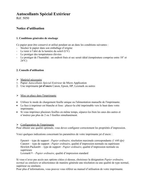 Guide d'utilisation du papier - Micro Application