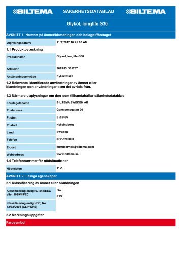 SÃKERHETSDATABLAD Glykol, longlife G30 - Biltema