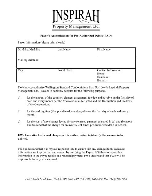 Pre Authorized Debit Form Inspirah