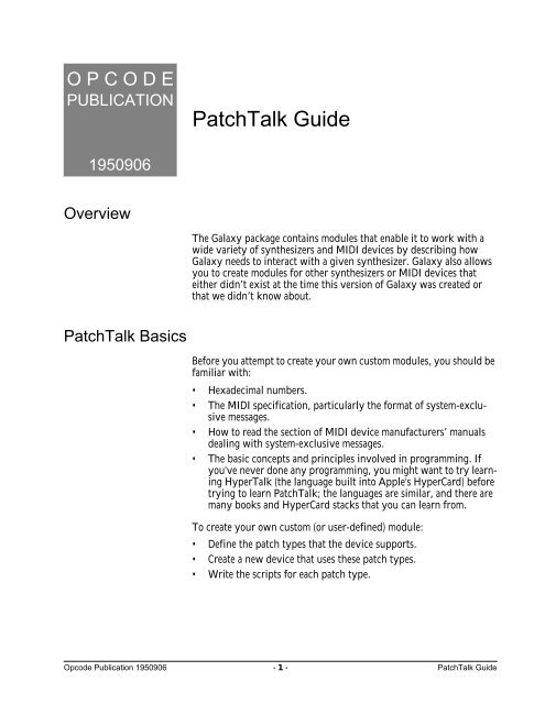 Opcode PatchTalk User Guide - House of Synth