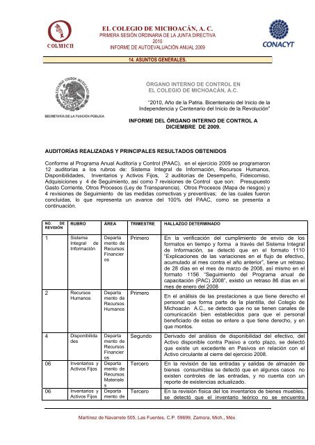 Resultado de auditoria Informe OIC - El Colegio de MichoacÃ¡n