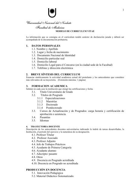 Modelo De Curriculum Vitae Facultad De Medicina Universidad