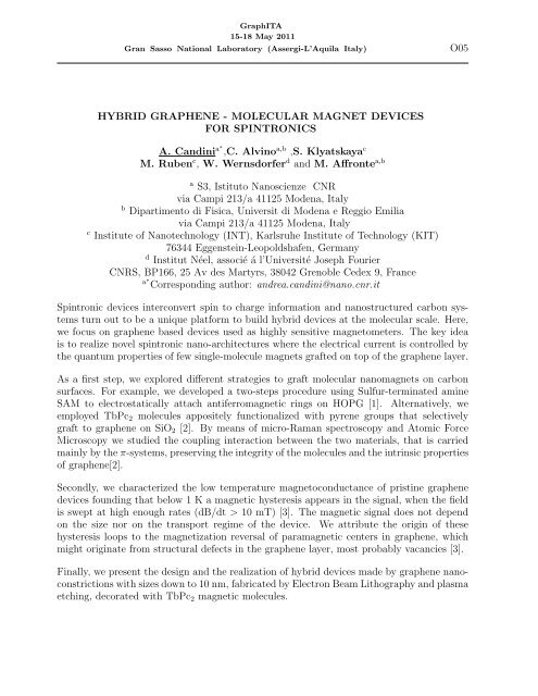 Hybrid Graphene - Molecular Magnet Devices for ... - GraphITA - Cnr