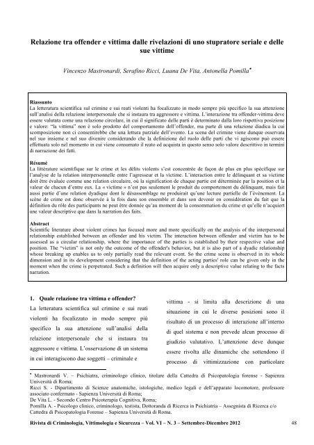 Relazione tra offender e vittima dalle rivelazioni di uno ... - Vittimologia