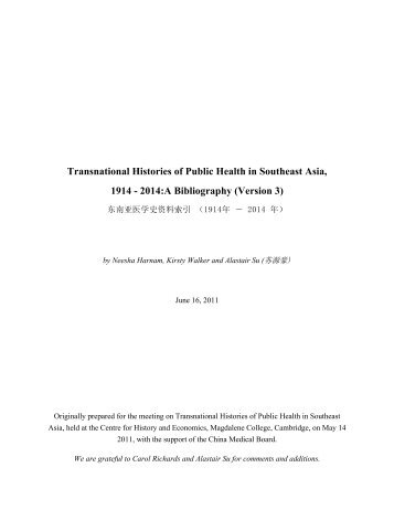 Transnational Histories of Public Health in Southeast Asia, 1914