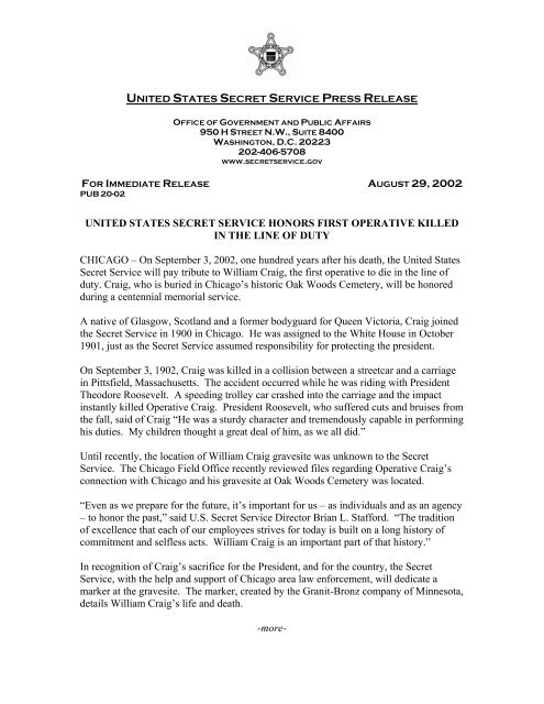 AUGUST 29, 2002 UNITED STATES SECRET SERVICE HONORS ...