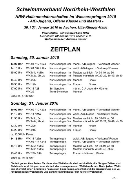 ZEITPLAN - SV Neptun Aachen 1910 eV / Kunst- und Turmspringen