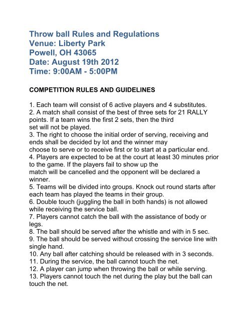 Throw ball Rules and Regulations Venue: Liberty Park Powell, OH ...