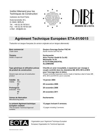 Agrément Technique Européen ETA-01/0015 - Fischer