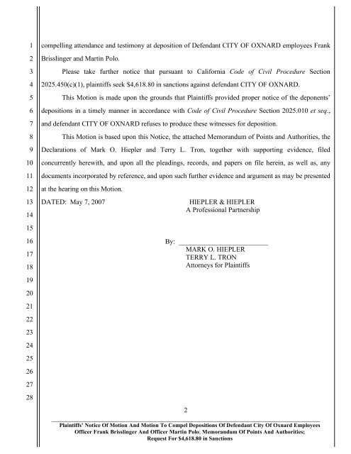 Plaintiffs' Notice Of Motion And Motion To Compel Depositions Of ...