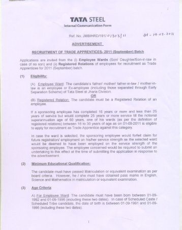 Recruitment of Trade Apprentices-2011 Jharia (JMB/HRD/191 ...