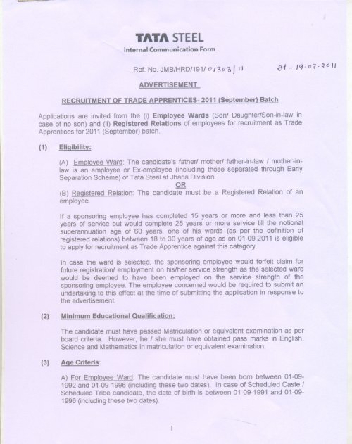 Recruitment of Trade Apprentices-2011 Jharia (JMB/HRD/191 ...
