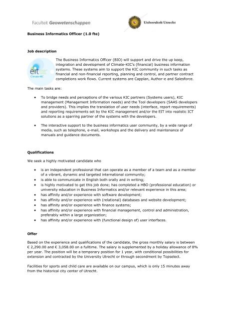 Business Informatics Officer 1 0 Fte Job Description Climate Kic
