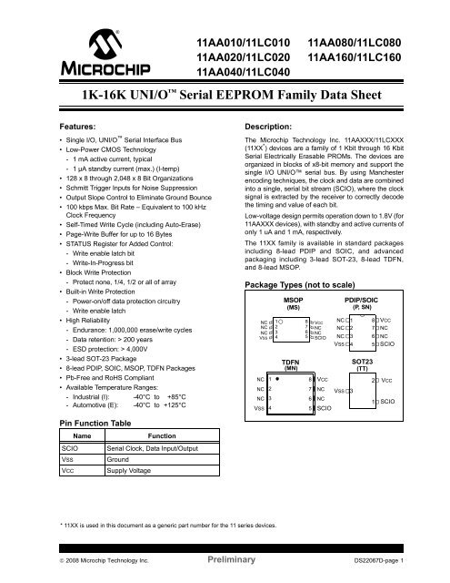 1K-16K UNI/Oâ¢ Serial EEPROM Family Data Sheet - Microchip