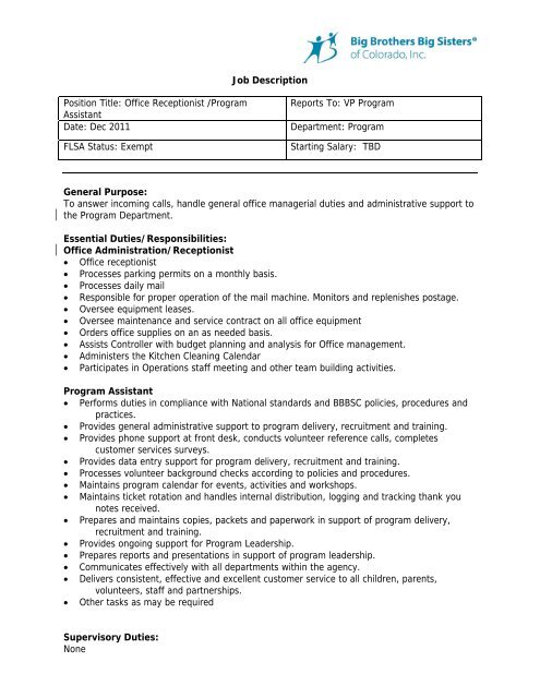 Job Description Position Title Office Receptionist Program