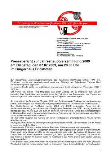 Pressebericht zur Jahreshauptversammlung  2009 am Dienstag, den ...