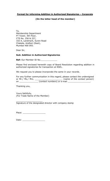 Format for informing Addition in Authorized Signatories â Corporate ...