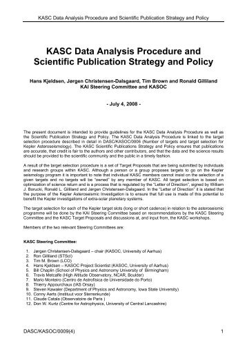 KASC Data Analysis Procedure and Scientific Publication Strategy ...