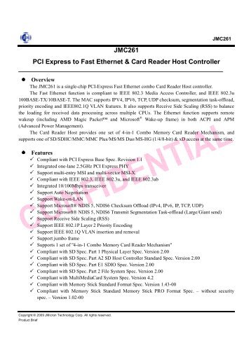 JMC261 PCI Express to Fast Ethernet & Card Reader Host Controller