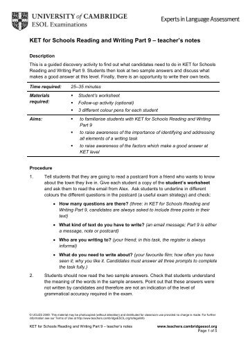 KET for Schools Part 9 Activity