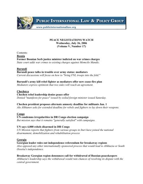 Peace Negotiations Watch- Volume V, Number 17, July 26, 2006