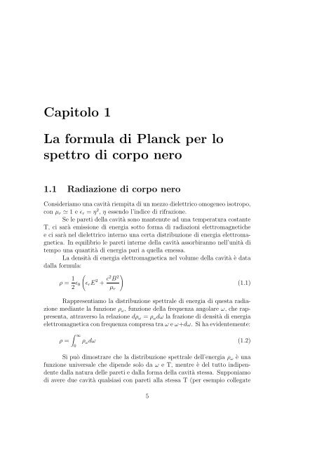 Capitolo 1 La formula di Planck per lo spettro di corpo nero - INFN