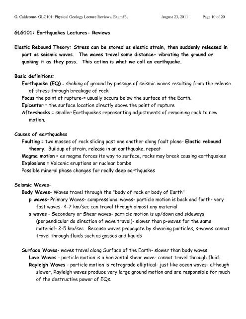 GLG101: Physical Geology Lecture Outlines for Exam#3: