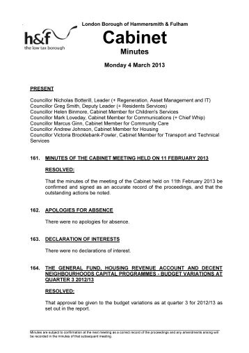 Minutes of the Cabinet Meeting held on 4 March 2013 PDF 94 KB