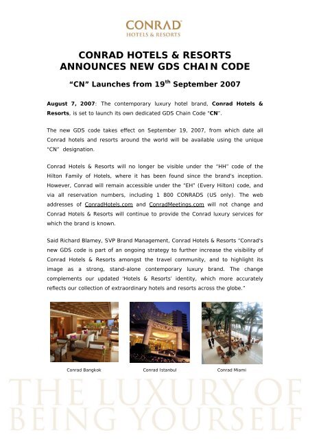 conrad hotels &amp; resorts announces new gds chain code - Hilton