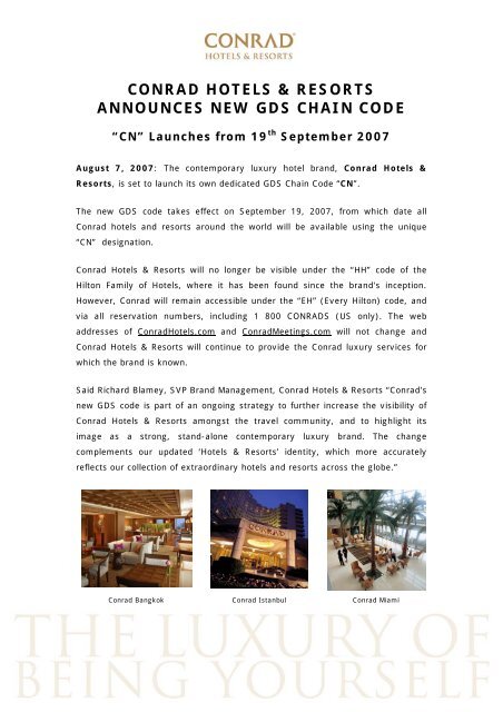 conrad hotels &amp; resorts announces new gds chain code - Hilton