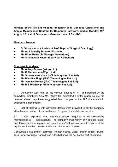Minutes of the Pre Bid meeting for tender of IT Managed Operations ...