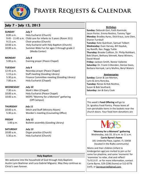 July 7 - July 13, 2013 - St. Mark's Episcopal Church