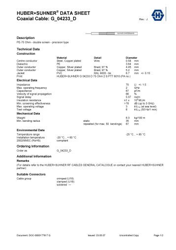 HUBER+SUHNERÂ® DATA SHEET Coaxial Cable ... - Nkt-rf.ru