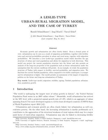 a leslie-type urban-rural migration model, and the case of turkey