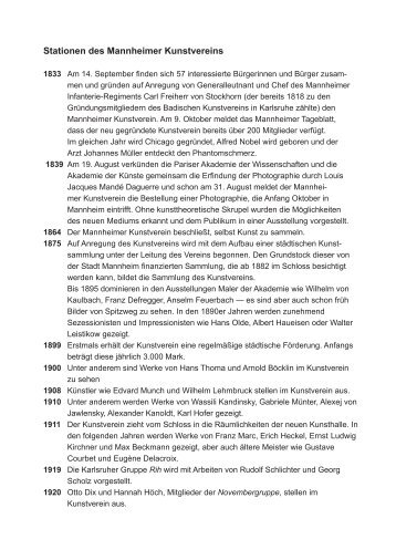 Kurze Chronologie/Geschichte des Mannheimer Kunstvereins